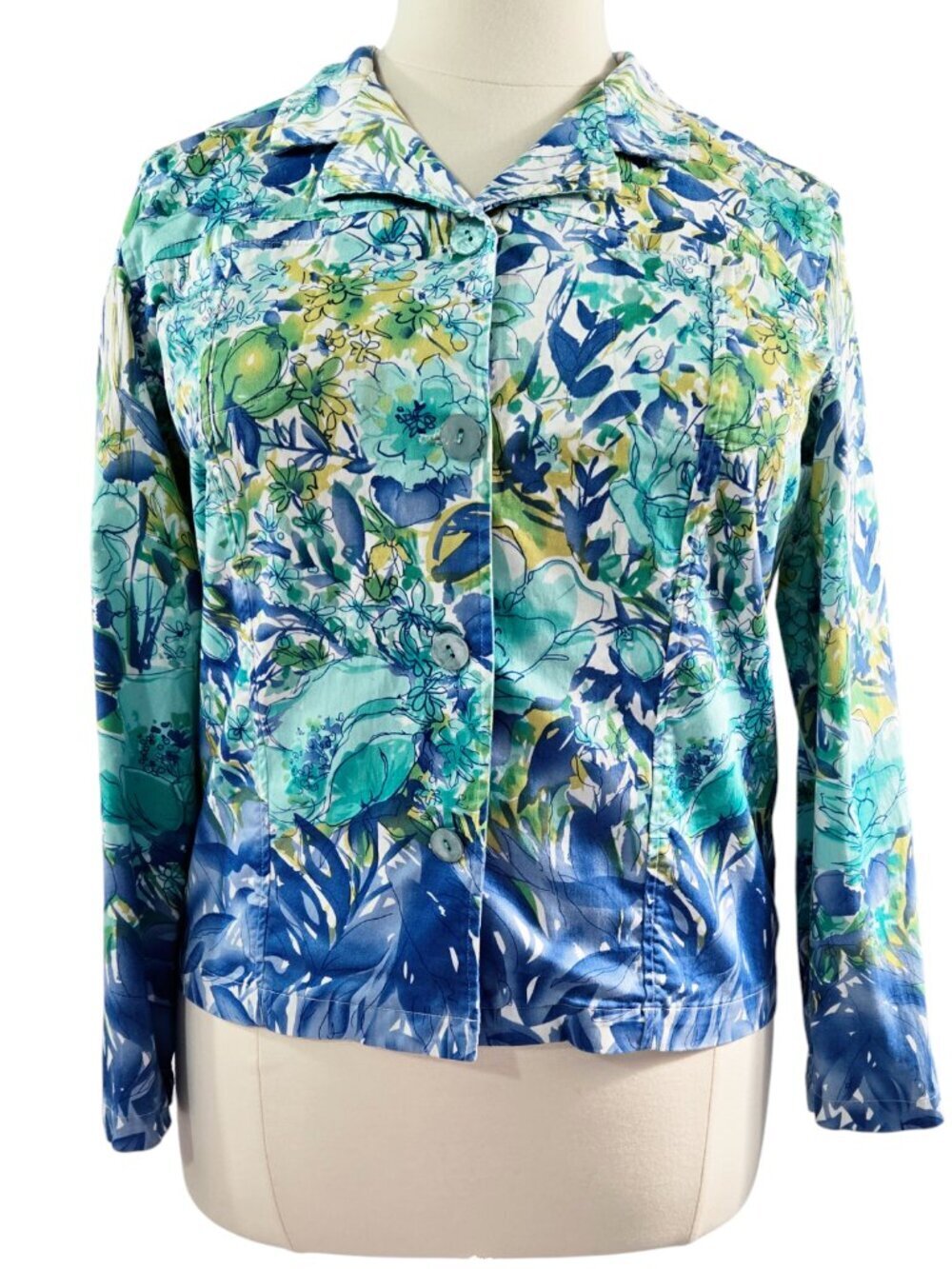 Coldwater Creek Blue Teal Floral Watercolor Line Art Jacket Artsy Art to Wear